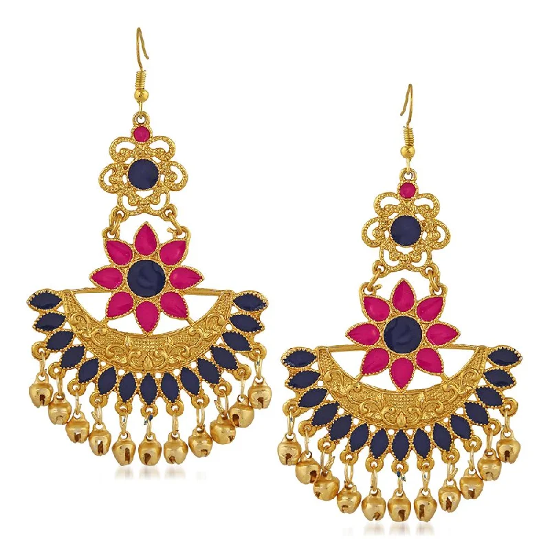 colored gemstone earrings for women-Mahi Pink and Blue Meenakari Work Traditional Floral Dangler Earring with Ghuungroo for Women (VECJ100230Pin)