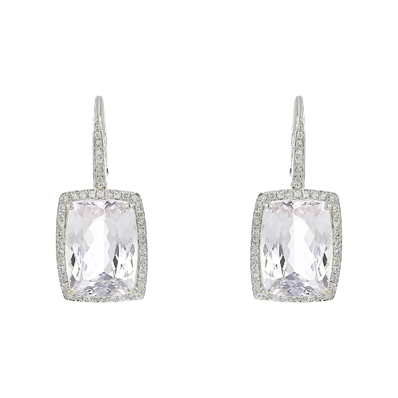 opal earrings for women-18K White Gold Kunzite and Diamond Halo Drop Earrings