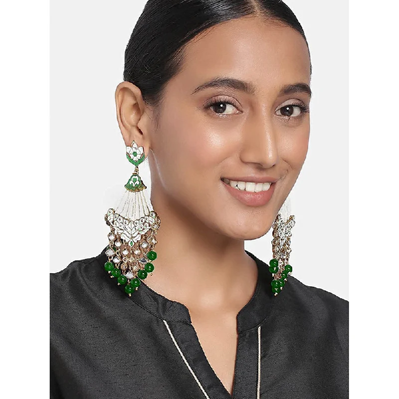 casual earrings for women-Etnico 18K Gold Plated Traditional Handcrafted Meena Work Earring Glided With Kundan & Pearls (E2792) (Green)