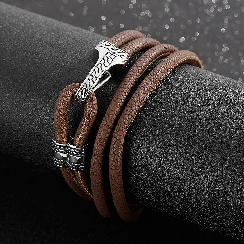 pearl bangles for women-Hip-Hop Retro Solid Color Stainless Steel Pu Leather Patchwork Men'S Bracelets