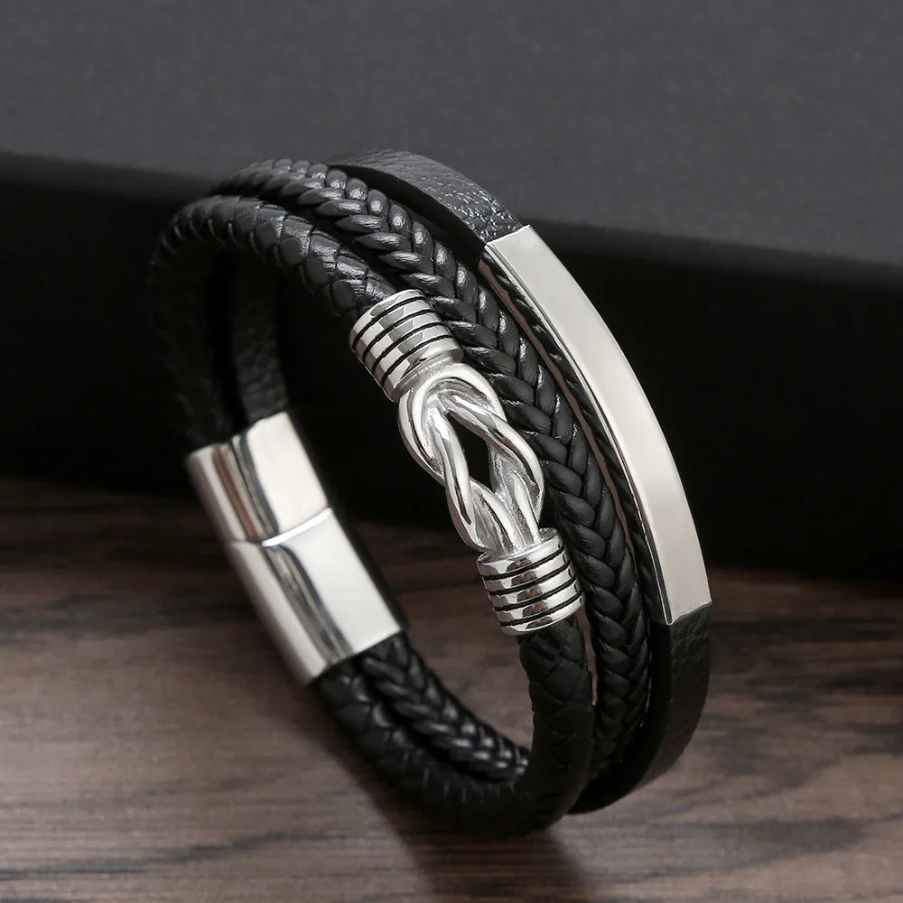 luxury bracelets for women-Hip-Hop Twist Stainless Steel Pu Leather Men'S Bangle