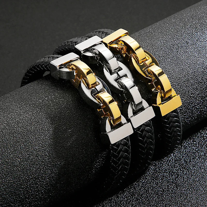 infinity bracelets for women-Hip-Hop Retro Color Block Stainless Steel Pu Leather Plating 18K Gold Plated Men'S Bangle