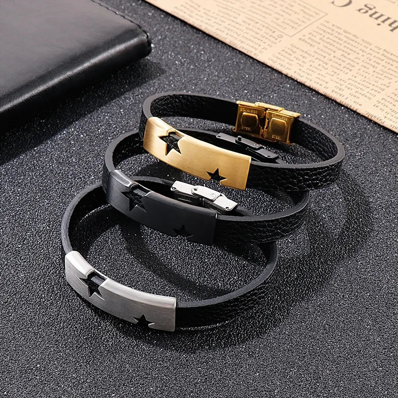 silver bracelets for women-Hip-Hop Retro Color Block Pu Leather Titanium Steel Plating 18K Gold Plated Men'S Bangle