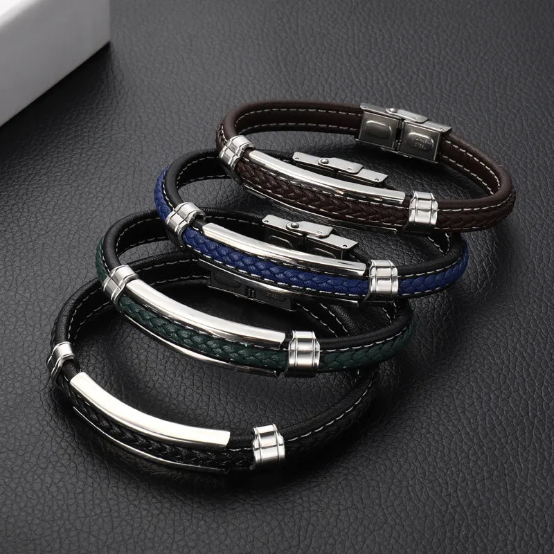 bracelet sets for women-Hip-Hop Retro Color Block 304 Stainless Steel Pu Leather Polishing Men'S Bangle