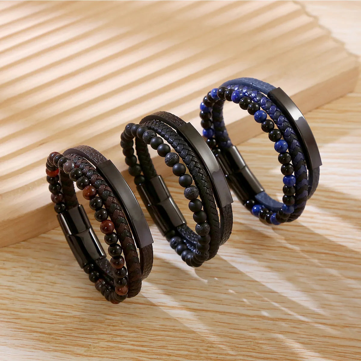 stacked charm bracelets for women-Business Argyle Stainless Steel Pu Leather Natural Stone Beaded Knitting Men'S Wristband