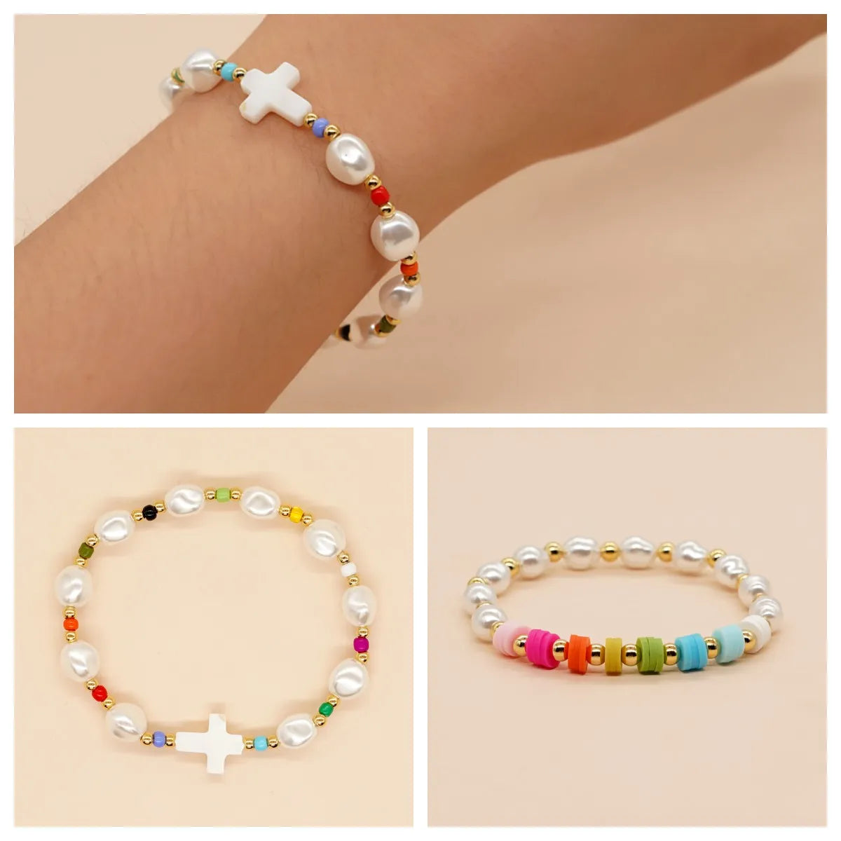 flower bangles for women-Sweet Cross Imitation Pearl Soft Clay Wholesale Bracelets