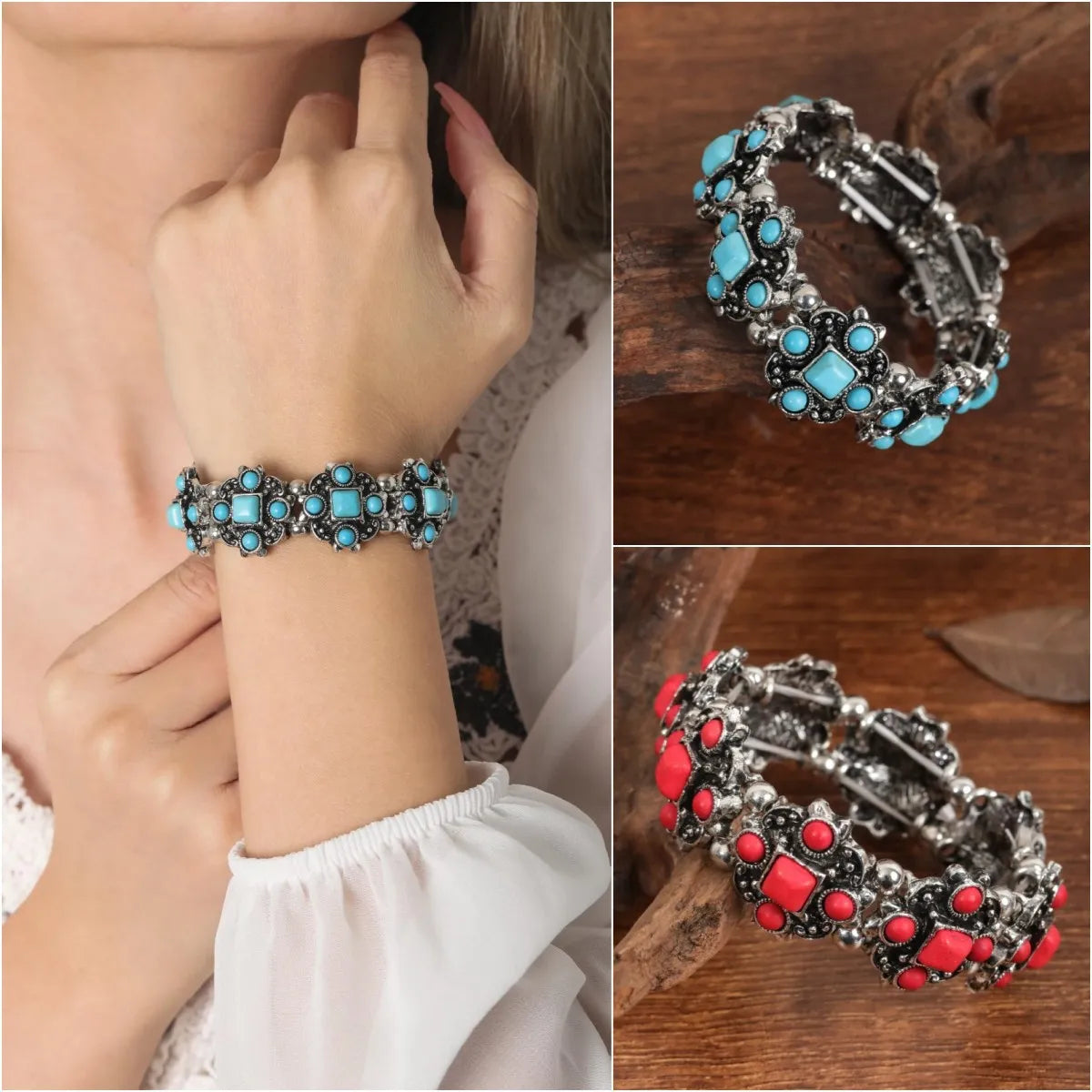 stackable bracelets for women-Ethnic Style Color Block Turquoise Alloy Wholesale Bangle