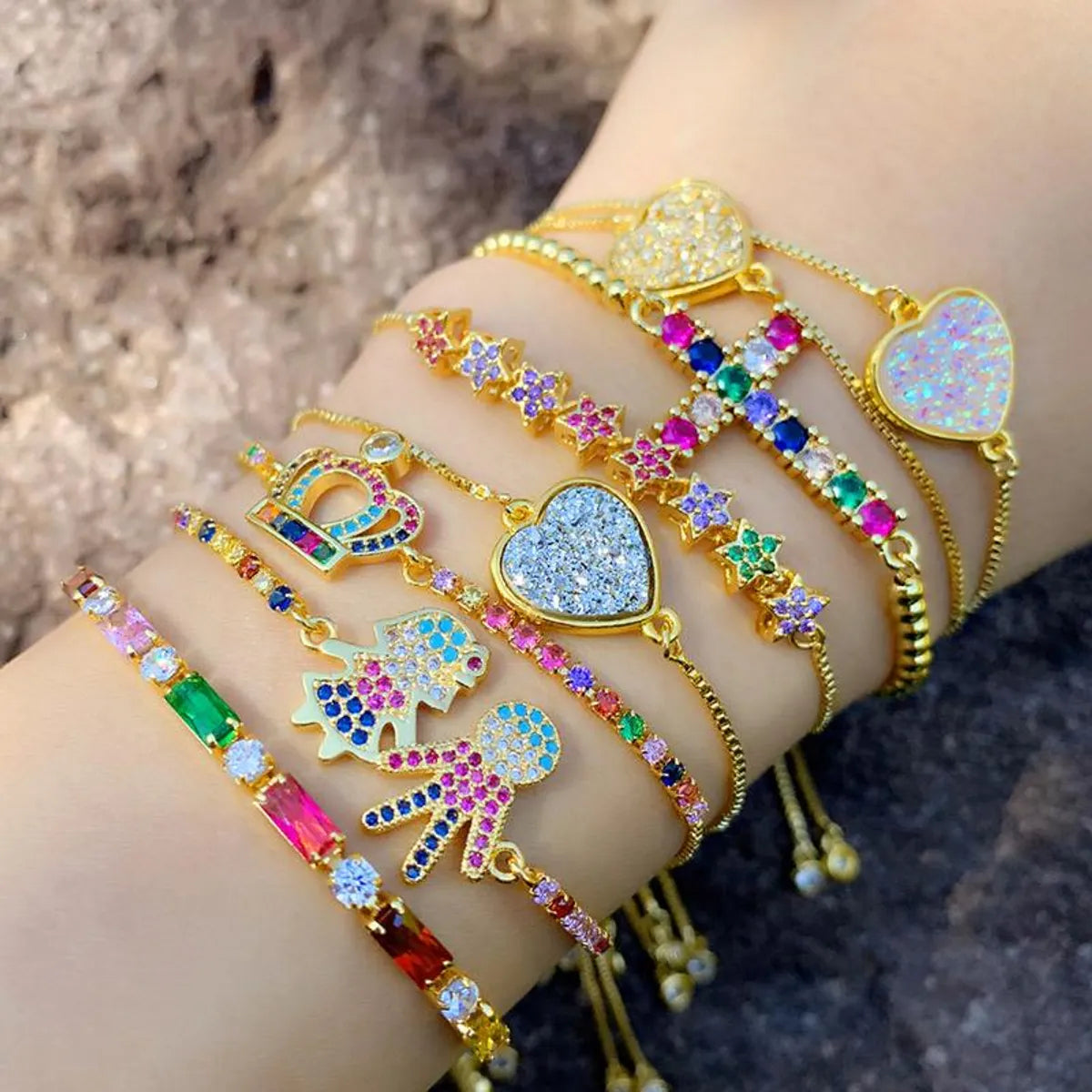 adjustable cuff bracelets for women-New Diamond Bracelet Shining Colored Zircon Heart Cross Crown Bracelet Nhas156965