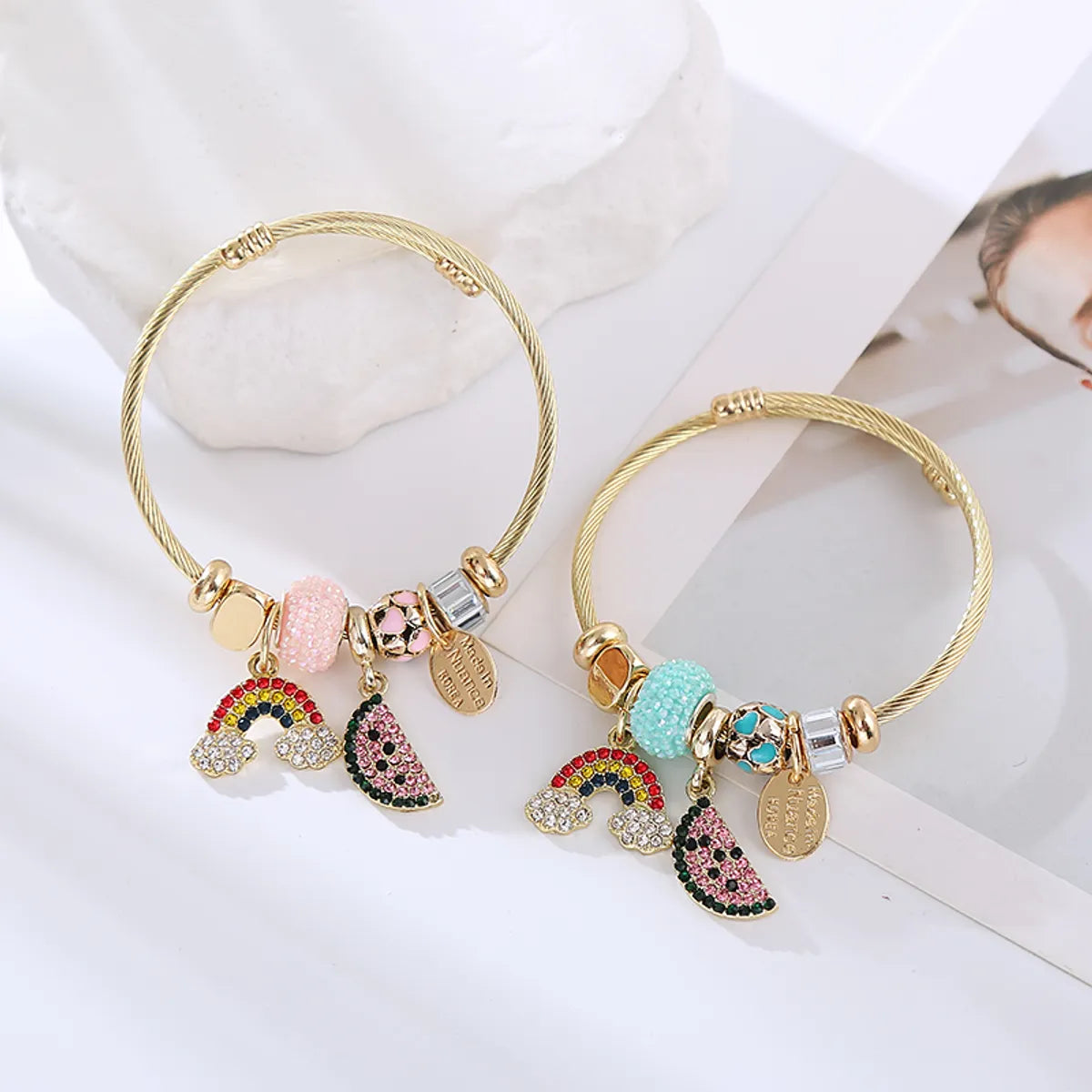 colorful bracelets for women-Elegant Rainbow Alloy Beaded Rhinestones Gold Plated Women's Bangle