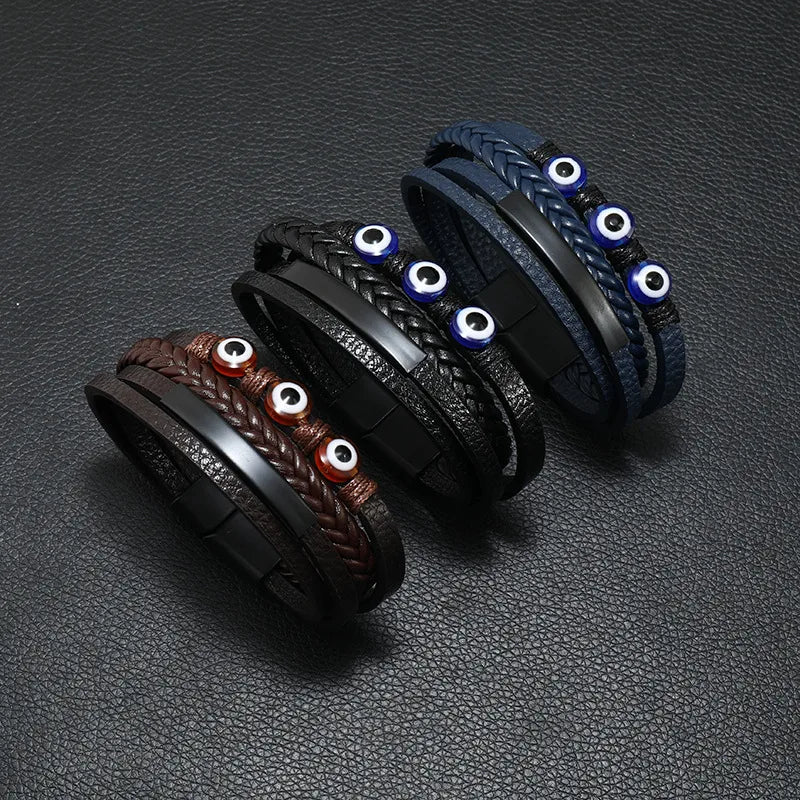 bridal bangles for women-Retro Devil'S Eye Pu Leather Alloy Resin Knitting Men'S Wristband