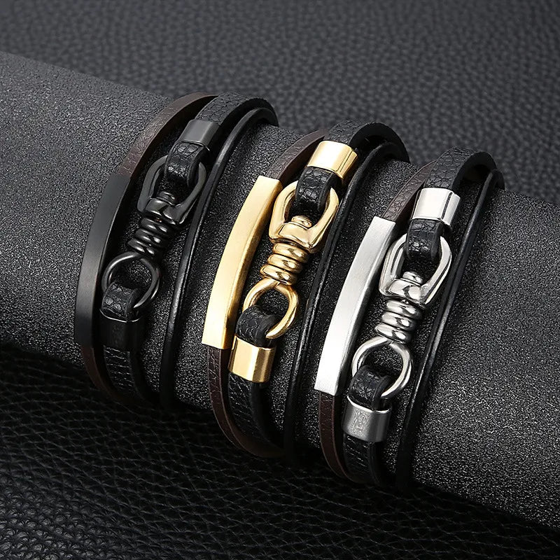 engraved bracelets for women-Hip-Hop Retro Color Block Pu Leather Titanium Steel Plating 18K Gold Plated Men'S Wristband