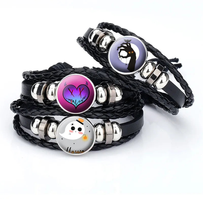 luxury cuff bracelets for women-IG Style Punk Halloween Pattern Pu Leather Glass Drawstring Inlay Glass Halloween Unisex Drawstring Bracelets