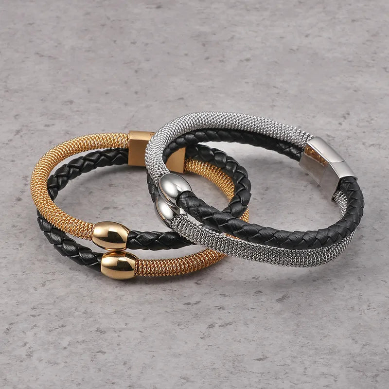 delicate bracelets for women-Hip-Hop Retro Geometric Pu Leather Titanium Steel Plating 18K Gold Plated Men'S Bracelets