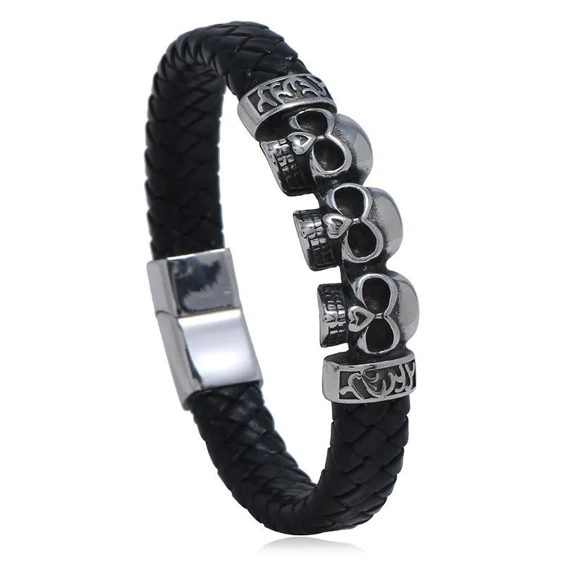 tennis bangles for women-Vintage Stainless Steel Skull Leather Bracelet Nhpk142790