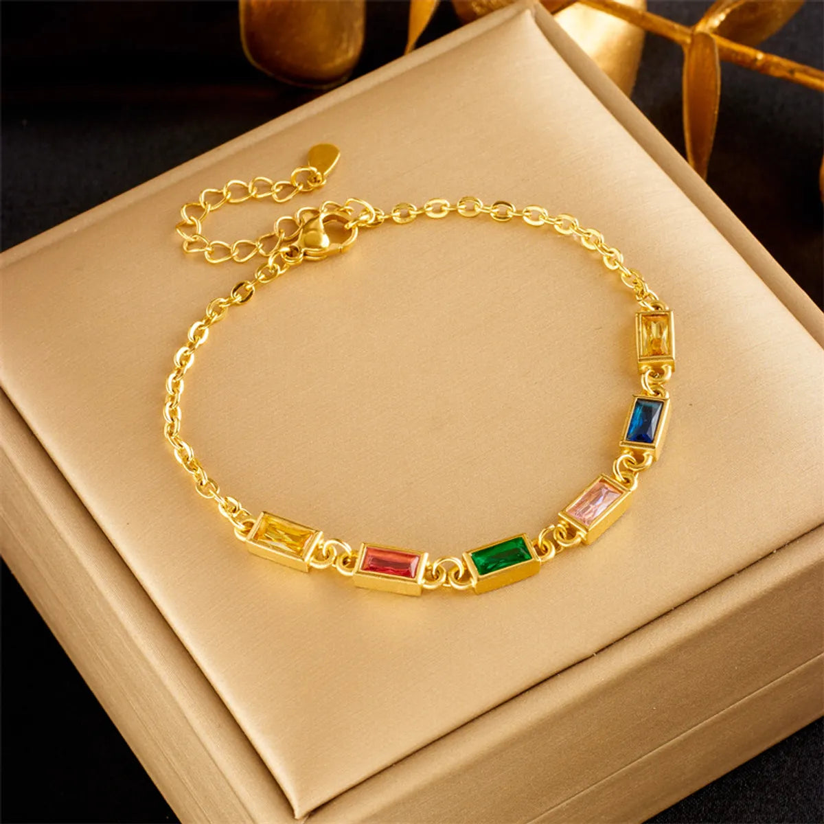 gemstone bracelets for women-Elegant Rectangle Stainless Steel Titanium Steel Plating Inlay Zircon 18k Gold Plated Bracelets