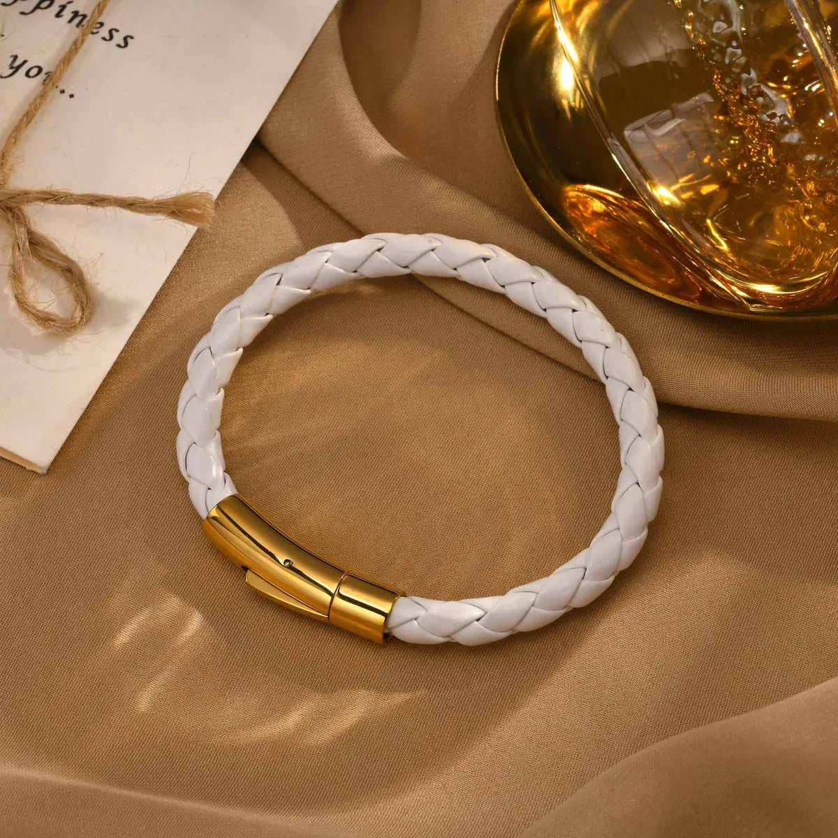 thick bangles for women-Simple Style Solid Color 18K Gold Plated Stainless Steel Pu Leather Wholesale Bangle