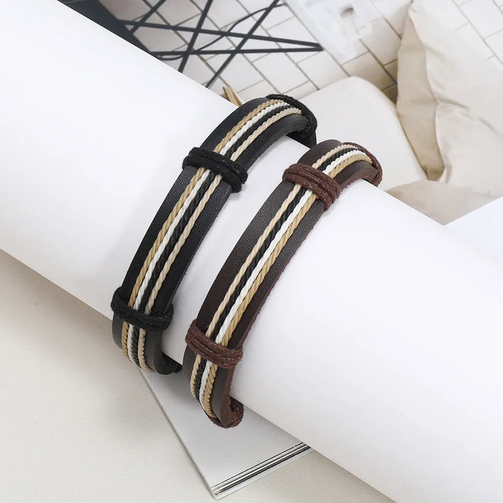 infinity bangles for women-Hip-Hop Retro Color Block Pu Leather Knitting Stripe Men'S Bracelets