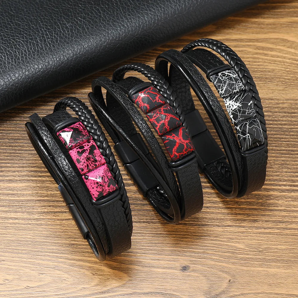 braided bangles for women-Retro Geometric Pu Leather Knitting Men'S Wristband