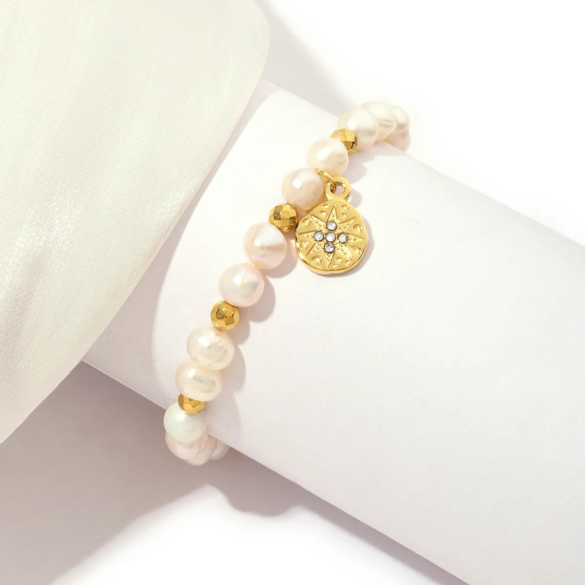 bangles for women-Stainless Steel Freshwater Pearl 18K Gold Plated Elegant Sun Inlay Zircon Bracelets