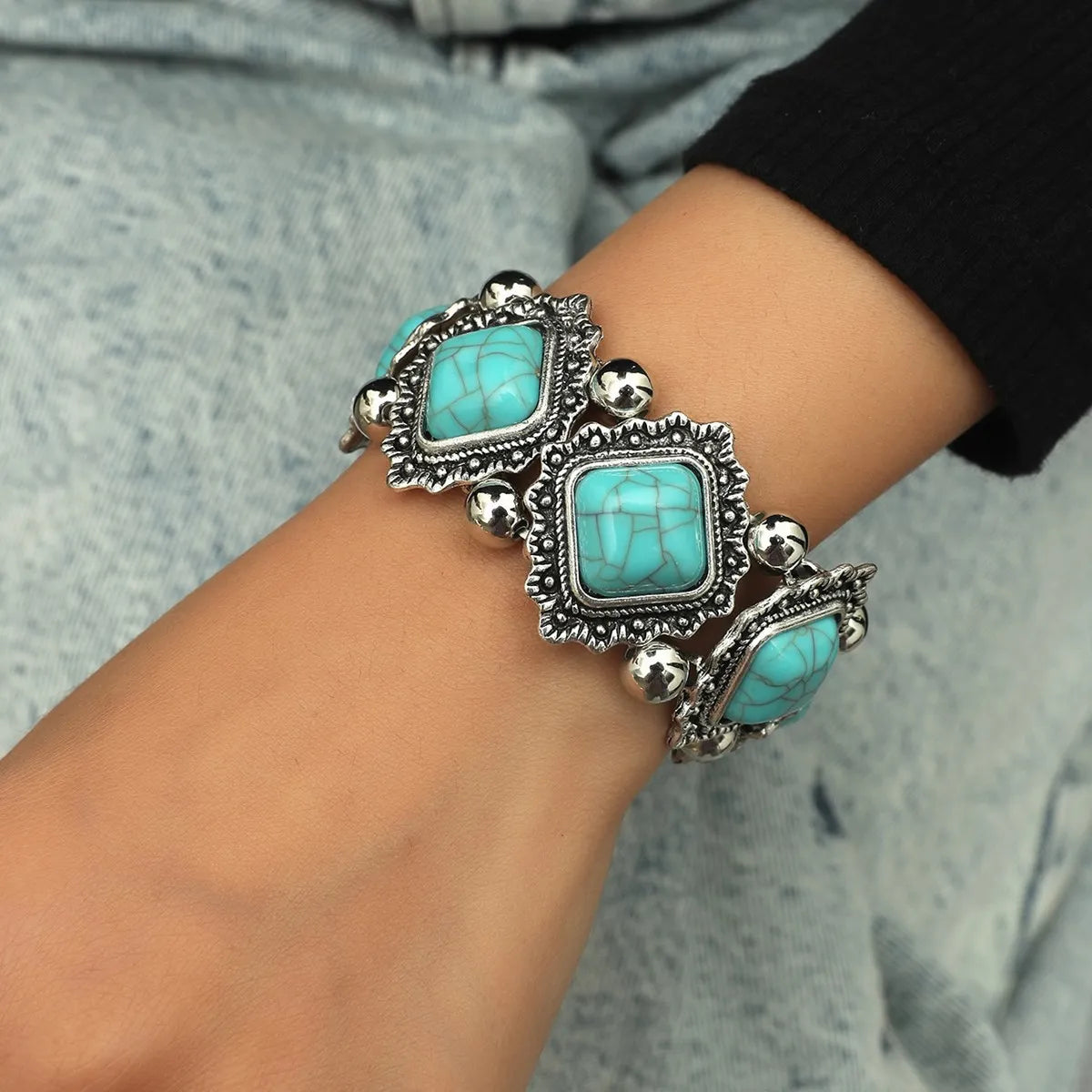 simple bangles for brides-1 Piece Ethnic Style Square Alloy Inlay Turquoise Women's Bracelets