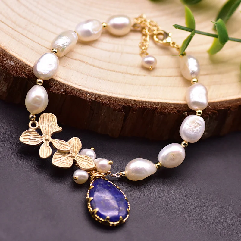 Lapis Lazuli Pendant Clover Pearl Bracelet