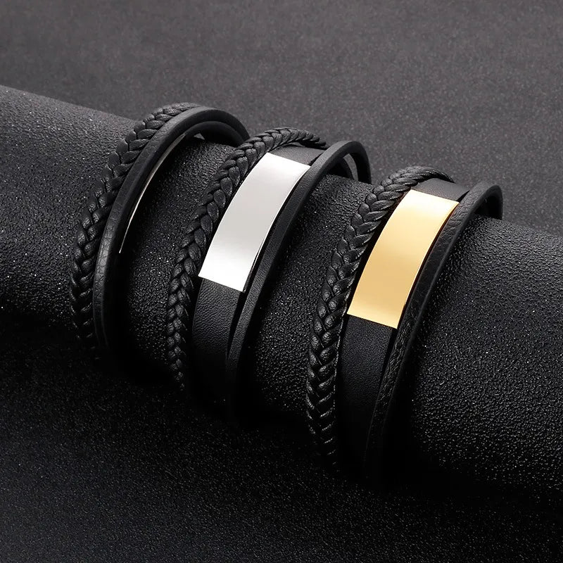 bridal bangles for brides-Casual Vintage Style Streetwear Geometric Stainless Steel Pu Leather 18K Gold Plated Men'S Bangle