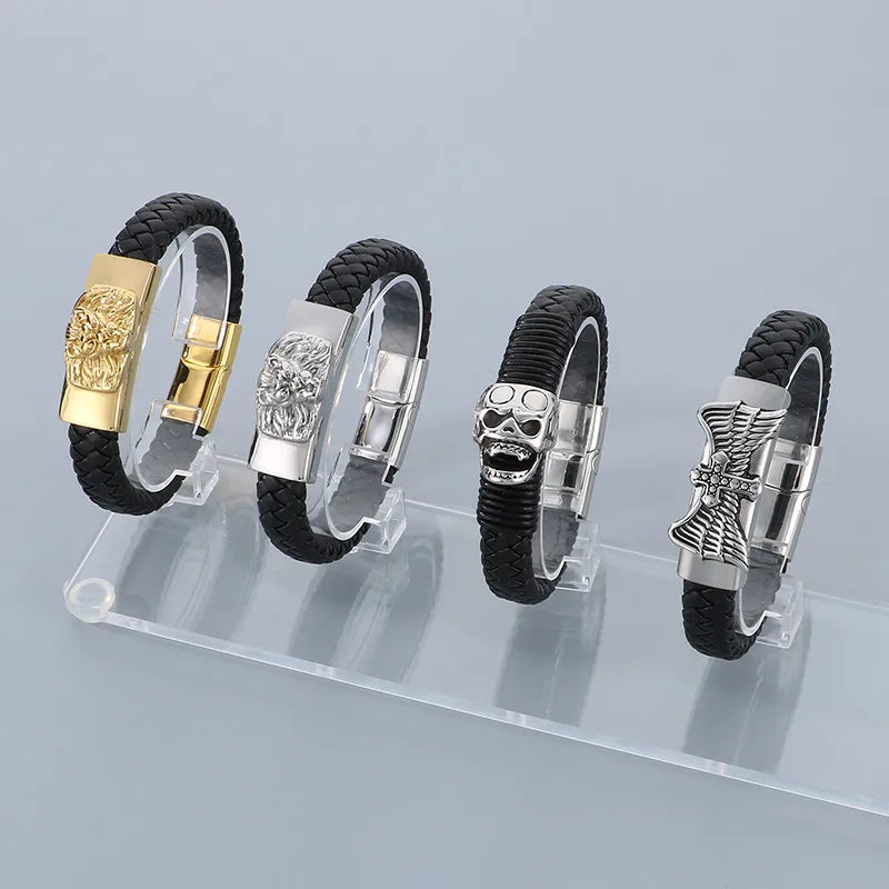 diamond bracelets for women-Business Lion Skull 304 Stainless Steel Leather Knitting 18K Gold Plated Men'S Bangle