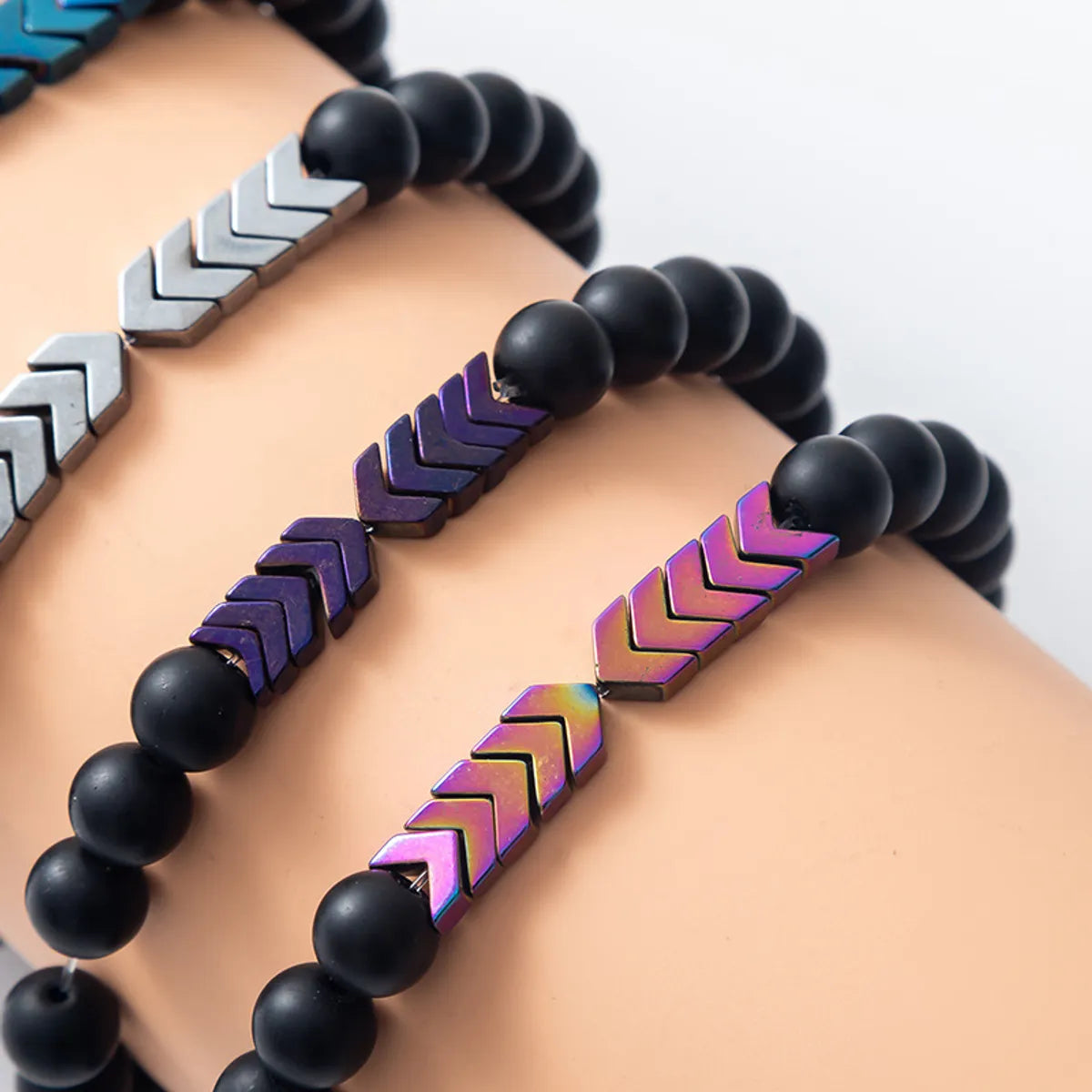 tribal bangles for women-Hip-Hop Geometric Color Block Alloy Blackstone Beaded Unisex Bracelets