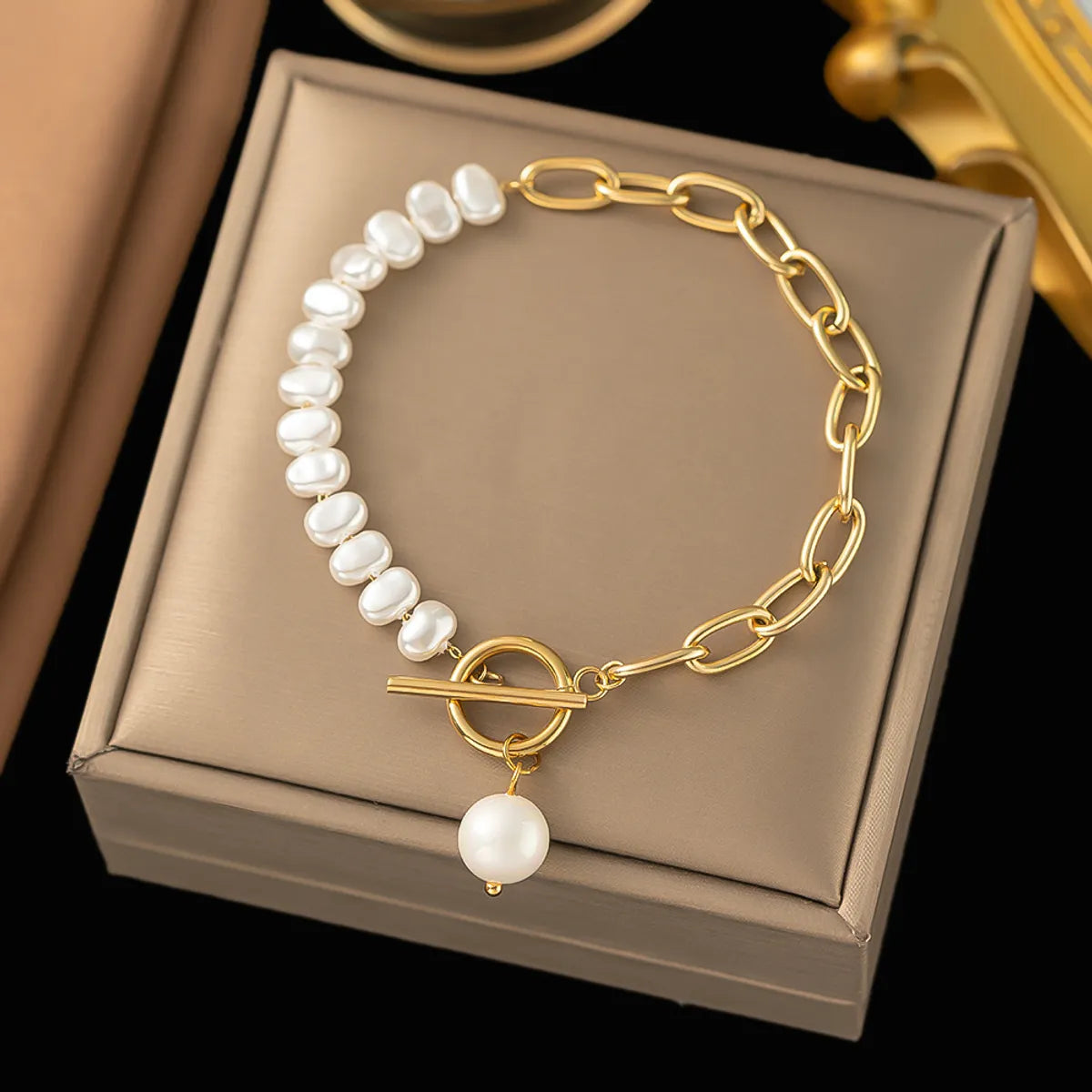 silver tennis bracelets for women-Simple Style Color Block Artificial Pearl Titanium Steel Beaded Plating 18k Gold Plated Women's Bracelets