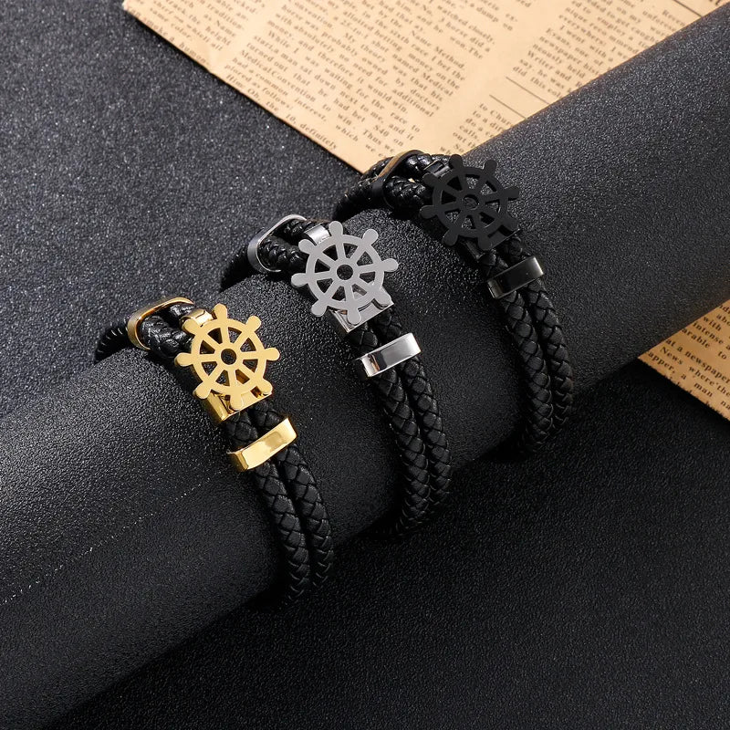 stacked charm bracelets for women-Simple Style Commute Color Block Pu Leather Titanium Steel Plating 18K Gold Plated Men'S Bracelets