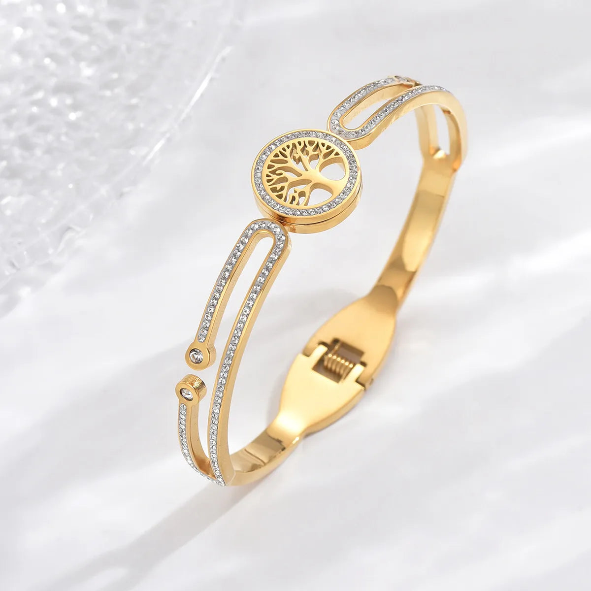 antique bracelets for women-Lady Life Tree Stainless Steel Plating Inlay Zircon 14k Gold Plated Bangle