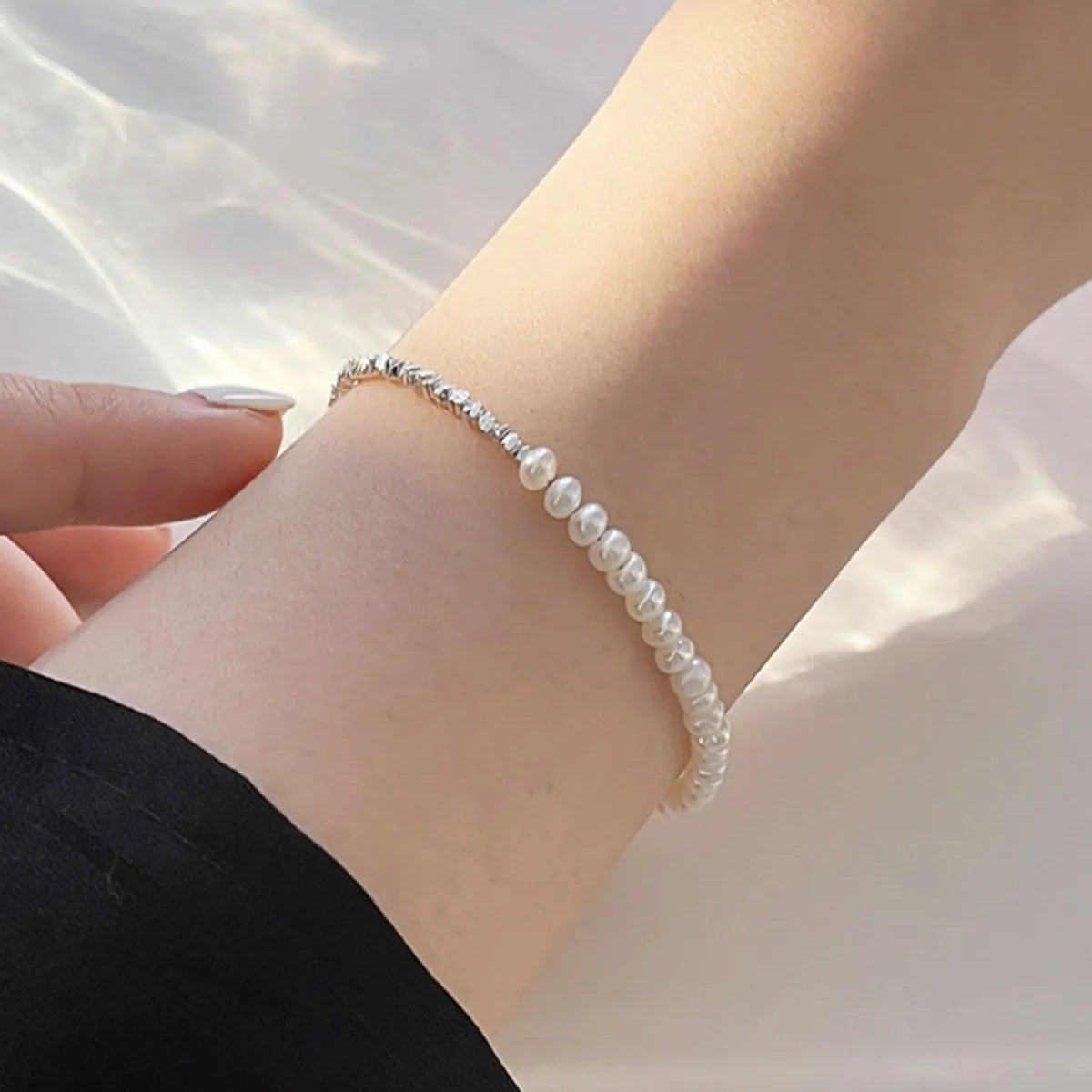 stacked charm bracelets for women-Lady Pearl Sterling Silver Beaded Plating Bracelets