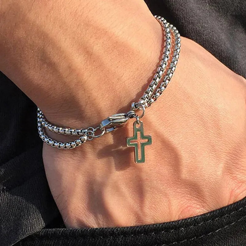 Silver-Double Chain Cross (Whole Stainless Steel)