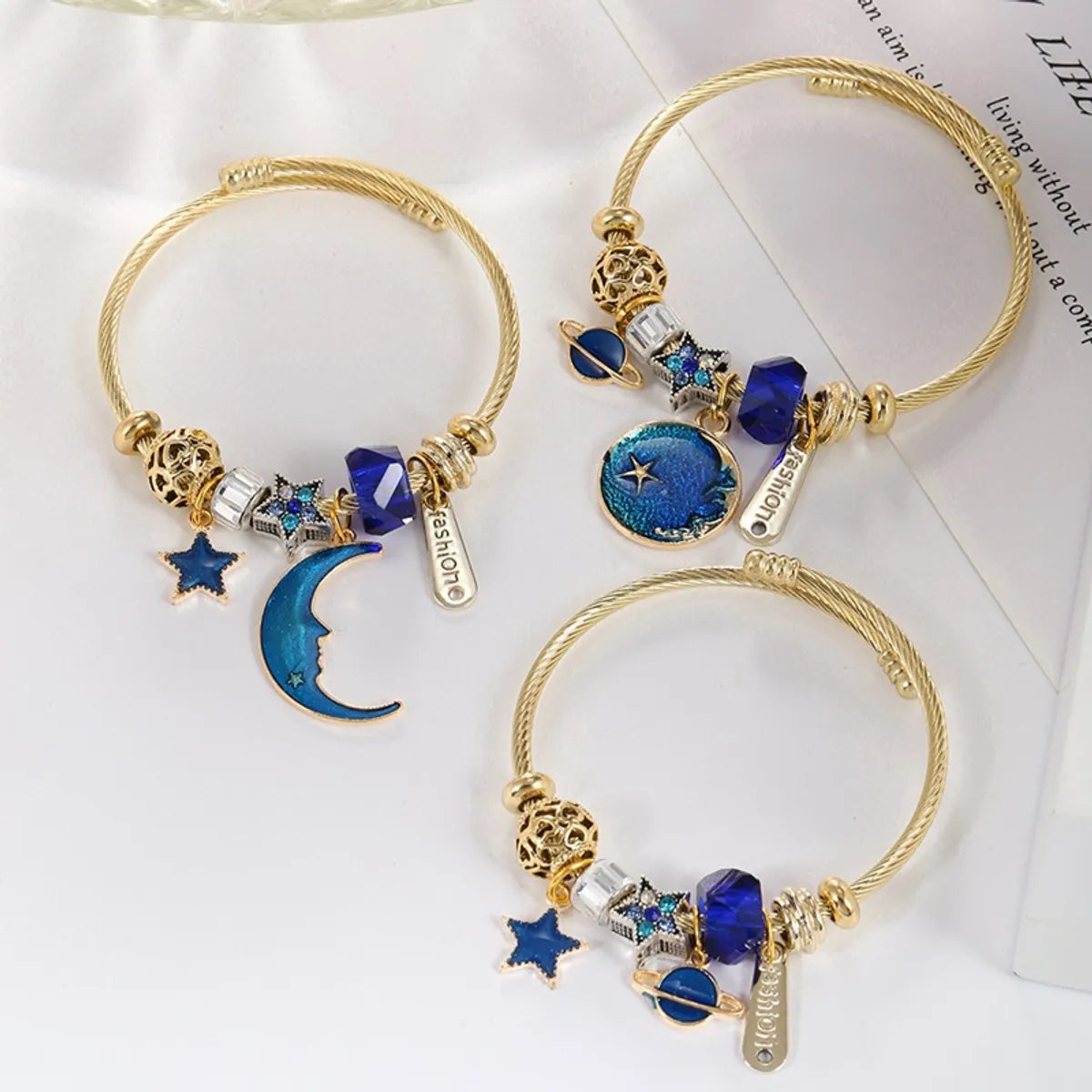 delicate gold bracelets for women-Retro Letter Star Moon Stainless Steel Alloy Resin Inlay Artificial Gemstones Unisex Bangle