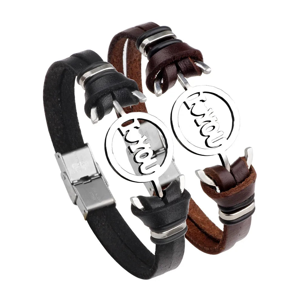 braided bracelets for women-Korean Version Stainless Steel Letter Leather Bracelet Wholesale