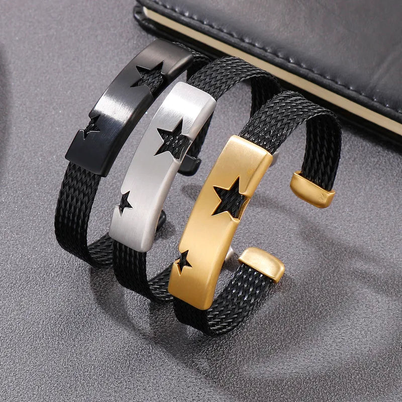 silver bangles for women-Punk Cool Style Pentagram Stainless Steel 18K Gold Plated Men'S Cuff Bracelets