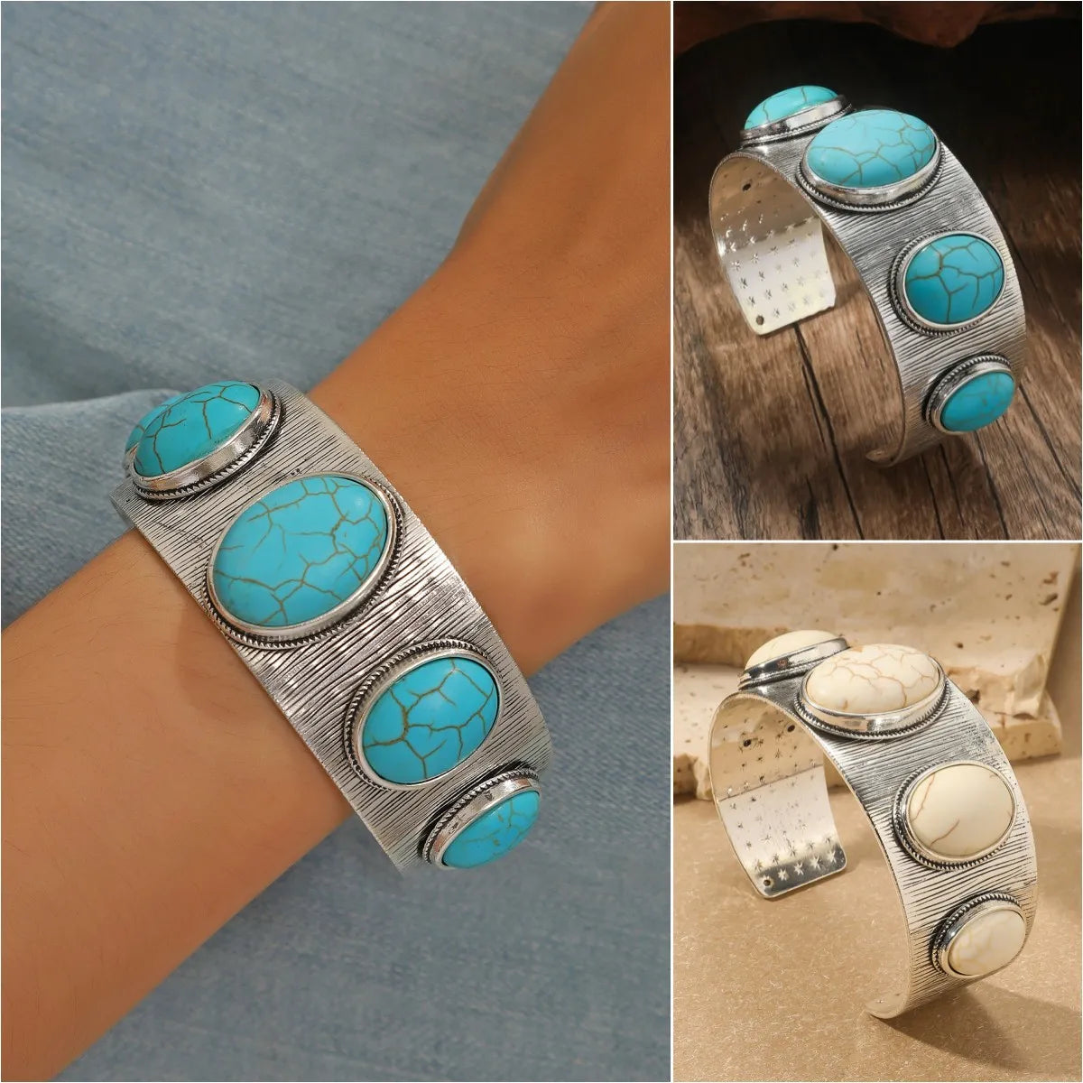 handmade bangles for women-Retro Ethnic Style Oval Alloy Plating Inlay Carving Turquoise Women's Bangle