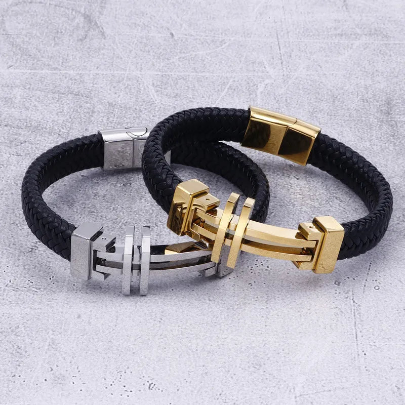 gemstone bracelets for women-Vintage Style Punk Geometric Stainless Steel Pu Leather 18K Gold Plated Men'S Bangle