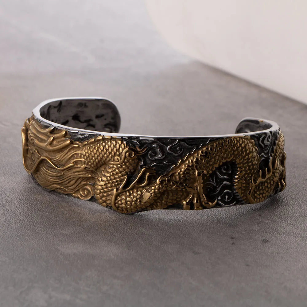 engraved bangles for women-Chinoiserie Dragon 304 Stainless Steel Plating Carving Gold Plated Men'S Bangle