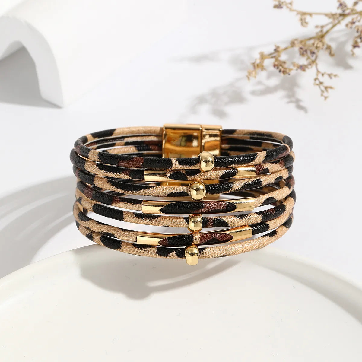 bridal bangles for brides-Retro Leopard Pu Leather Copper Unisex Bangle