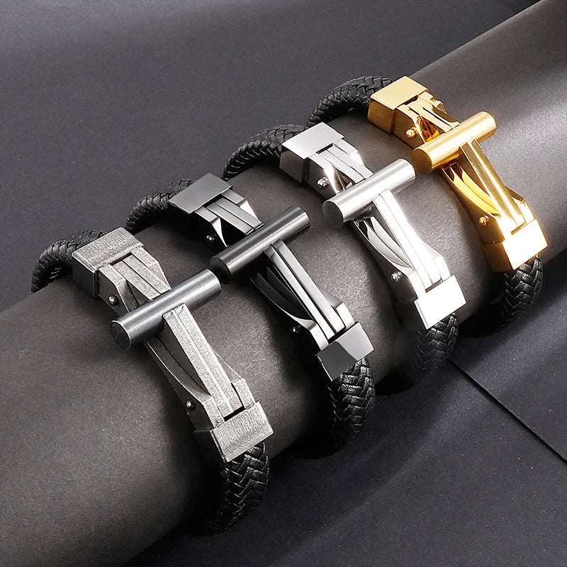 pearl bangles for women-Hip-Hop Retro Color Block Pu Leather Titanium Steel Plating 18K Gold Plated Men'S Bracelets