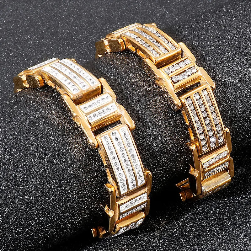 statement bangles for women-Hip-Hop Geometric Titanium Steel Inlay Zircon 18K Gold Plated Men'S Bracelets