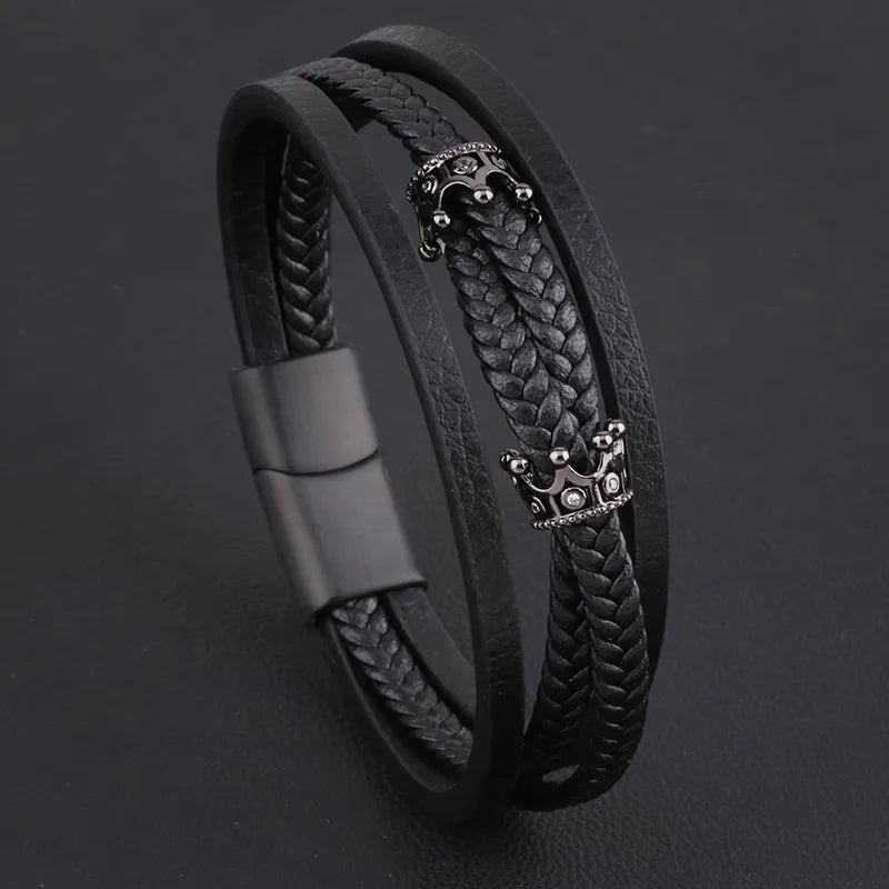 chic bracelets for women-Retro Crown Pu Leather Titanium Steel Copper Inlay Zircon Men'S Wristband