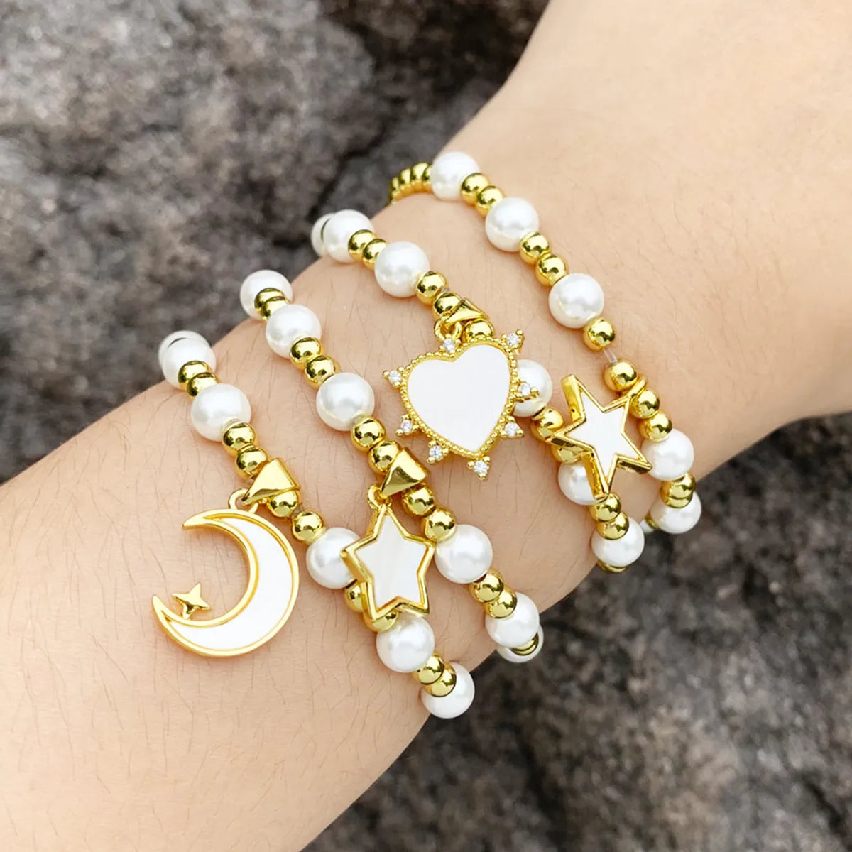 charm bracelets for women-Simple Style Star Moon Heart Shape Rope Copper Beaded Gold Plated Zircon Women's Bracelets 1 Piece