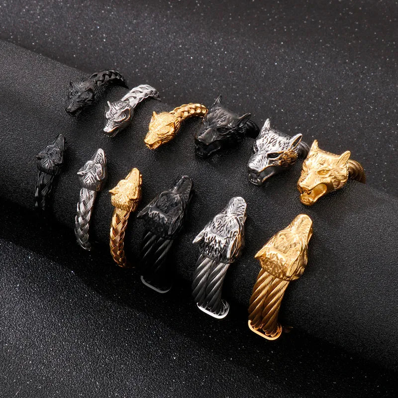 gemstone stretch bracelets for women-Hip-Hop Wolf Stainless Steel Plating 18K Gold Plated Unisex Bangle