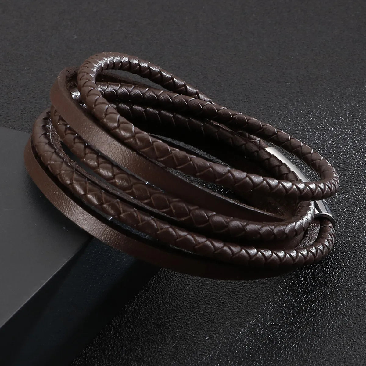 silver bangles for women-Hip-Hop Retro Geometric Stainless Steel Leather Braid Men's Wristband